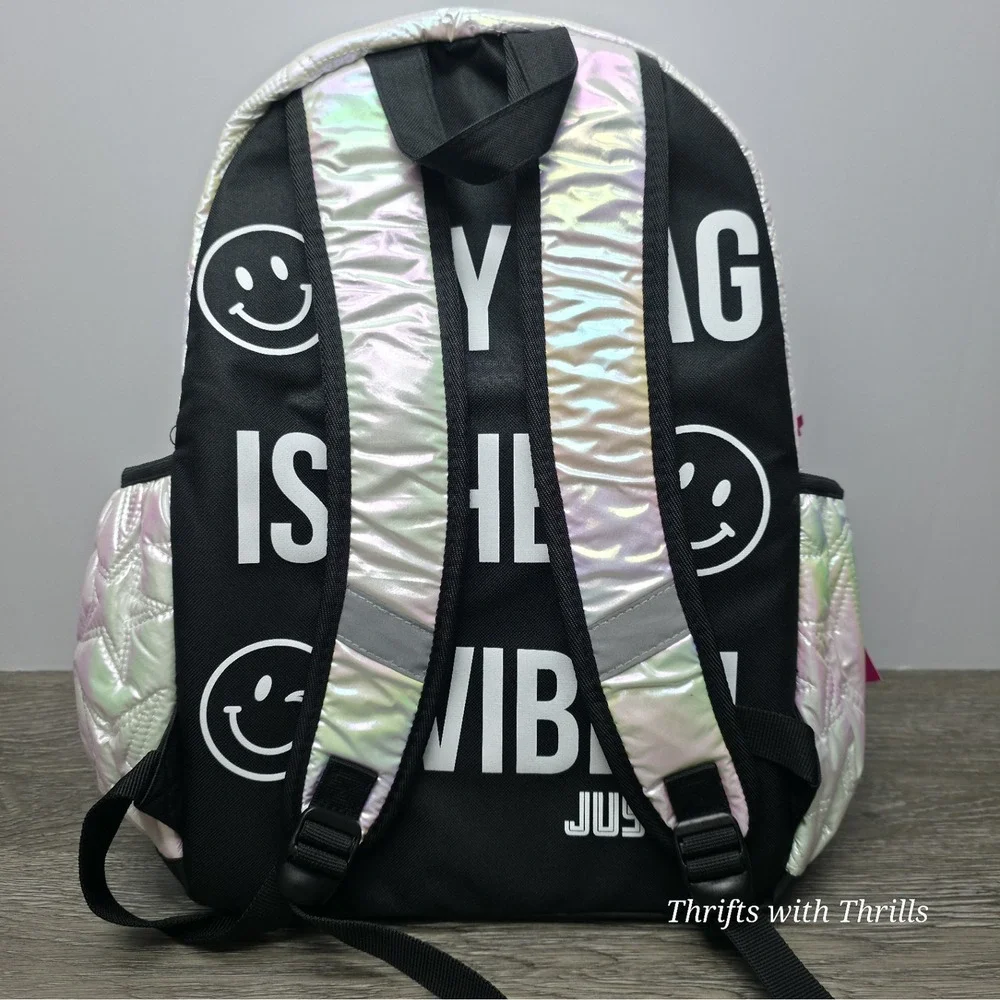 Justice Iridescent White Puffy Star Backpack with Lunch Box and Charm 17in